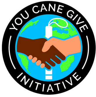 'You can give Initiative' logo with drawing of black and white hands shaking in front of a cane